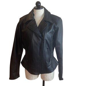 Unik Vintage Womens Jacket Size Medium Black Heavy Leather Moto Pockets